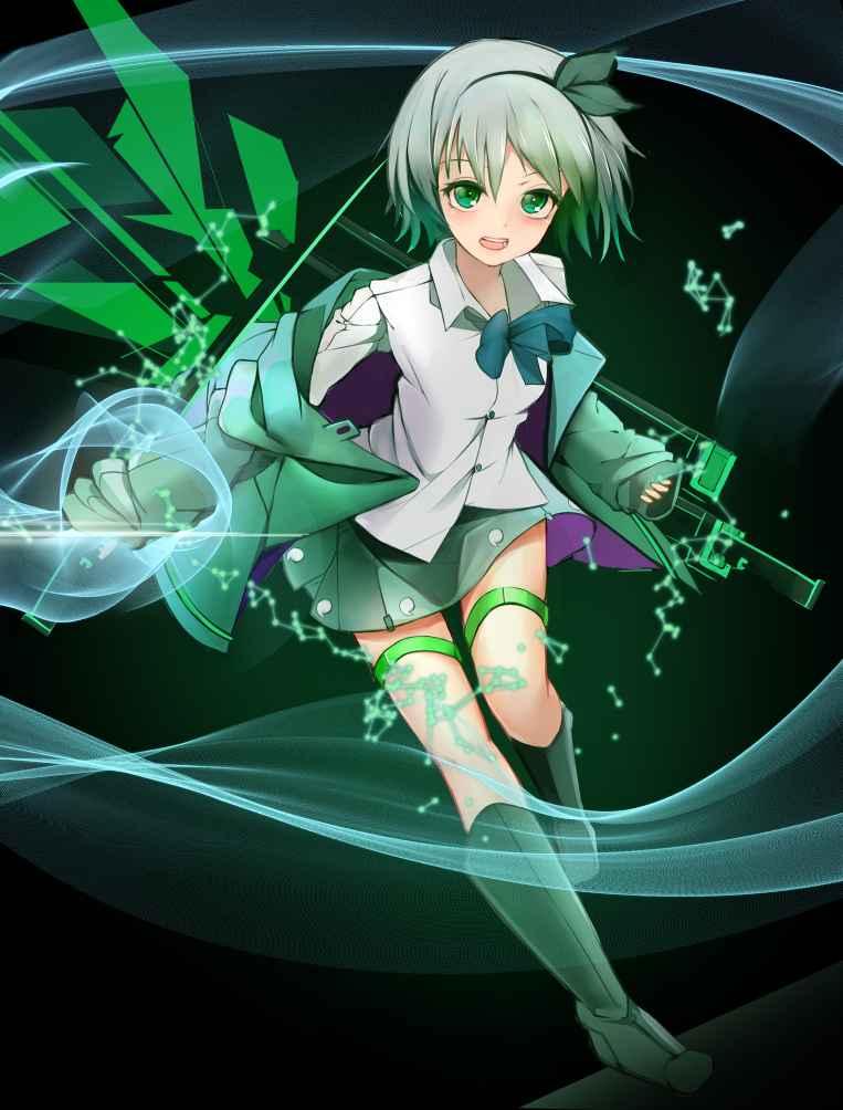 1girl alternate_costume bad_id bad_pixiv_id black_boots blazer boots bow bowtie female_focus full_body green_eyes hair_ribbon hairband jacket knee_boots konpaku_youmu long_sleeves looking_at_viewer open_mouth pleated_skirt radiosity_(yousei) ribbon short_hair silver_hair skirt solo standing sword thigh_strap touhou transformation weapon