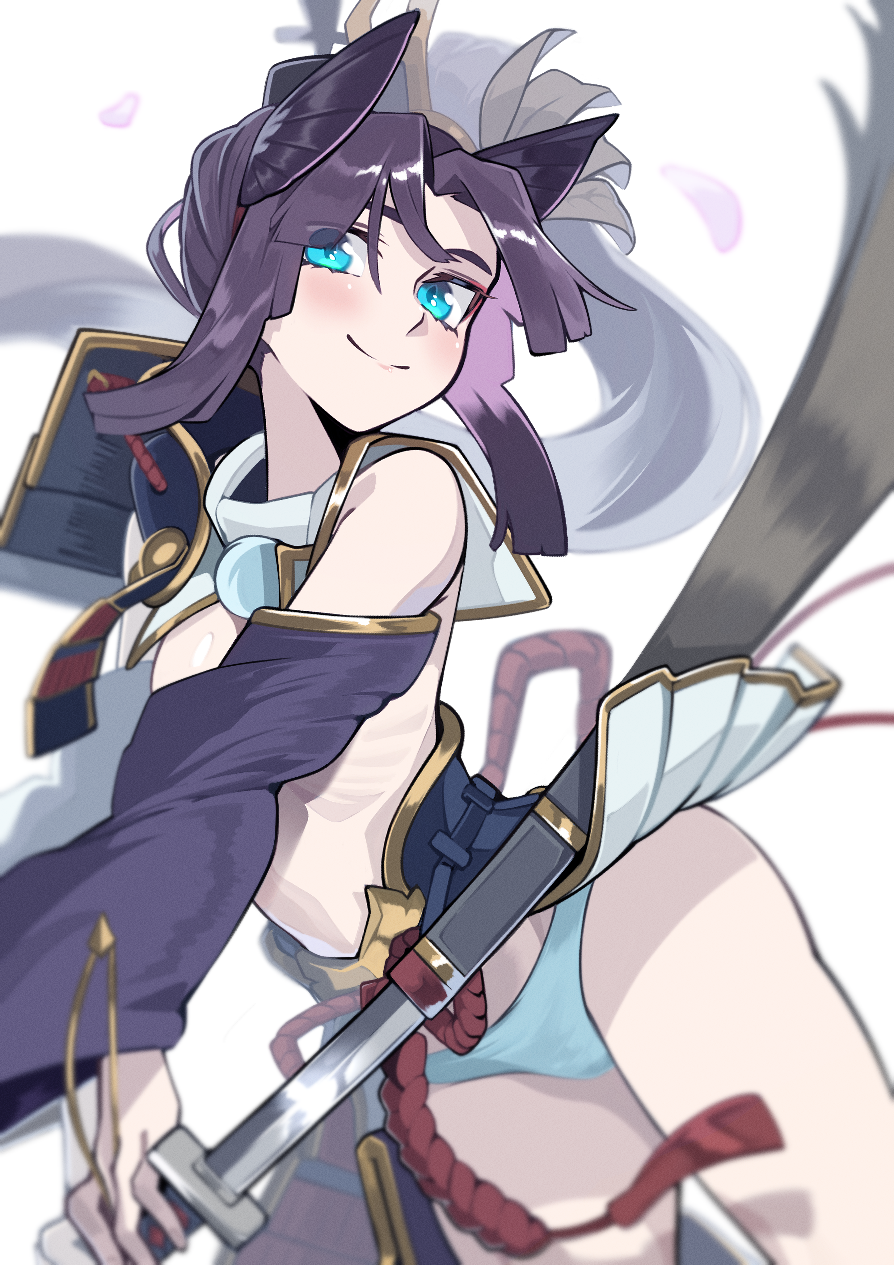 1girl absurdres armor asymmetrical_sleeves black_hair blue_eyes blue_panties blush breast_curtains breasts closed_mouth clothes_lift commentary_request cosplay detached_sleeves eyes_visible_through_hair falling_petals fate/grand_order fate_(series) feather_hair_ornament feathers hair_ornament hat highres holding holding_sword holding_weapon japanese_armor katana kusazuri long_hair looking_at_viewer medium_breasts mismatched_sleeves panties parted_bangs pauldrons petals purple_sleeves revealing_clothes ribs sheath shot_(shot0598) shoulder_armor shoulder_pads side_ponytail simple_background single_bare_shoulder skirt skirt_lift smile sode solo sword tate_eboshi underwear unsheathing ushiwakamaru_(fate) ushiwakamaru_(fate)_(cosplay) very_long_hair weapon white_background white_sleeves wide_sleeves