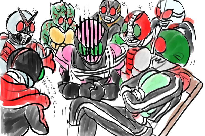 6+boys gloves helmet kamen_rider kamen_rider_(1st_series) kamen_rider_1 kamen_rider_amazon kamen_rider_amazon_(series) kamen_rider_black kamen_rider_black_(series) kamen_rider_dcd kamen_rider_stronger kamen_rider_stronger_(series) kamen_rider_super-1 kamen_rider_super-1_(series) kamen_rider_v3 kamen_rider_v3_(series) kamen_rider_x kamen_rider_x_(series) male_focus multiple_boys scarf translation_request