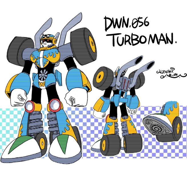1boy ariga_hitoshi armor artist_name black_bodysuit blue_armor blue_background blue_footwear bodysuit boots character_name checkered_background checkered_clothes checkered_hat checkered_print clenched_hands colored_shoe_soles commentary_request concept_art electric_fan exhaust_pipe flame_print from_behind full_body gloves gradient_background green_footwear grey_footwear hat helmet humanoid_robot knee_boots looking_ahead male_focus mega_man_(classic) mega_man_(series) mega_man_7 mega_man_megamix multiple_views no_humans no_mouth patterned_clothing print_headwear purple_background red_eyes reference_sheet robot robot_ears scanlines shoe_soles signature simple_background standing three_quarter_view turbo_man turnaround wheel white_background white_gloves yellow_armor yellow_boots