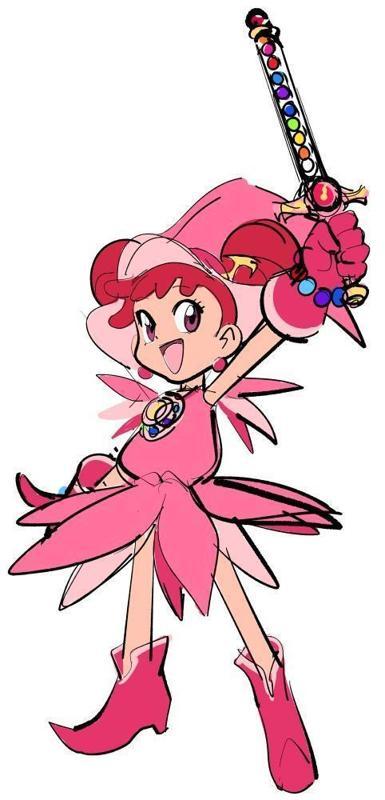 1girl boots brooch dress earrings female_focus full_body harukaze_doremi hat jewelry magical_girl ojamajo_doremi open_mouth pink_eyes pink_hair simple_background solo wand watatanza white_background witch_hat