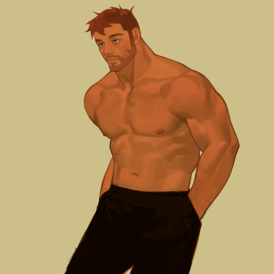 1boy abs bara beard black_pants dark_skin dark-skinned_male expressionless facial_hair large_pectorals looking_to_the_side male_focus mature_male mr_kasuy muscular muscular_male navel nipples orange_hair original pants pectorals topless_male short_hair simple_background solo stomach
