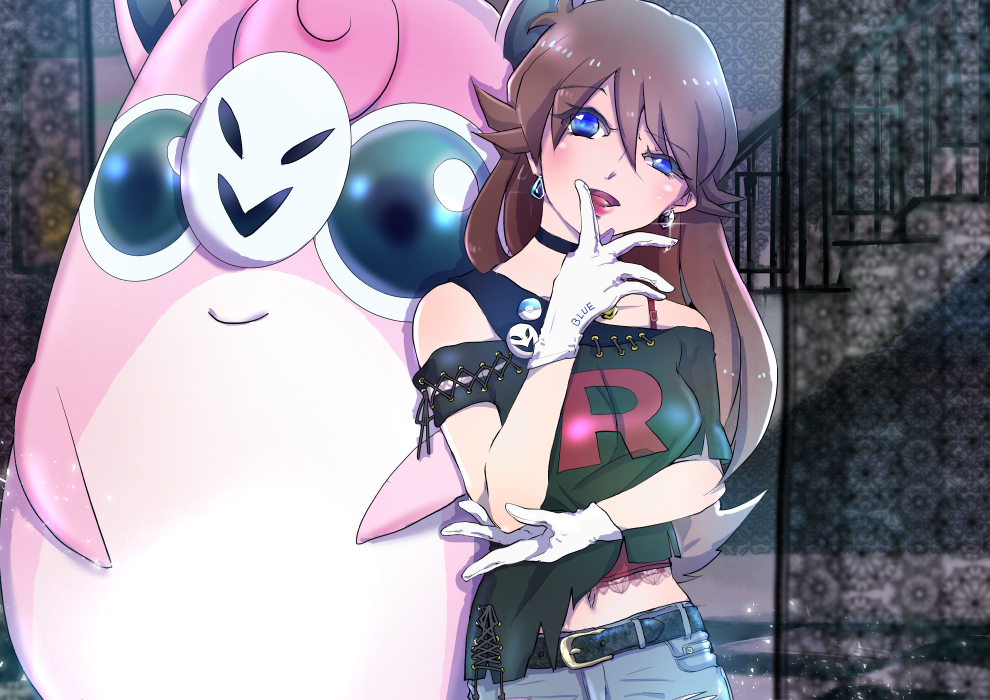 1girl bare_shoulders belt black_choker blue_eyes choker earrings gen_1_pokemon gloves green_(pokemon) hair_between_eyes jewelry long_hair looking_at_viewer mask nintendo off_shoulder open_mouth pokemon pokemon_(creature) pokemon_adventures shirt taipbeeeeeta team_rocket torn_clothes torn_shirt white_gloves wigglytuff