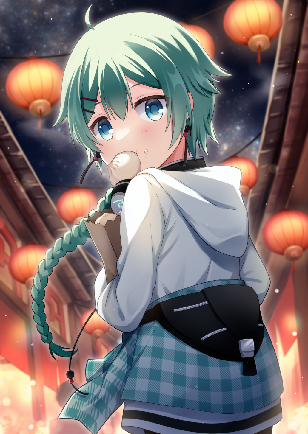 1girl ahoge bag blue_eyes blurry blurry_background blush braid braided_ponytail building clothes_around_waist depth_of_field earrings eating food food_in_mouth food_on_face from_behind green_hair hair_between_eyes hair_ornament hairclip hakka_(vrchat) hat highres holding holding_bag holding_food hood hood_down hooded_jacket hoodie jacket jacket_around_waist jewelry lantern long_hair long_sleeves looking_at_viewer looking_back market_stall mouth_hold night night_sky outdoors paper_bag paper_lantern shopping_bag single_braid sky solo star_(sky) starry_sky steamed_bun very_long_hair vrchat white_hoodie white_jacket yukino_(weem4554)