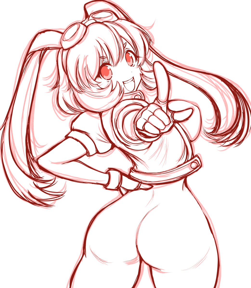 1girl ass breasts fingerless_gloves from_behind gloves goggles goggles_on_head hand_on_own_hip huge_ass index_finger_raised large_breasts legs looking_at_viewer looking_back makihara_arina monochrome open_mouth pointing pointing_at_viewer rabbit_ears short_hair sideboob smile solo teeth thighs tongue waku_waku_7