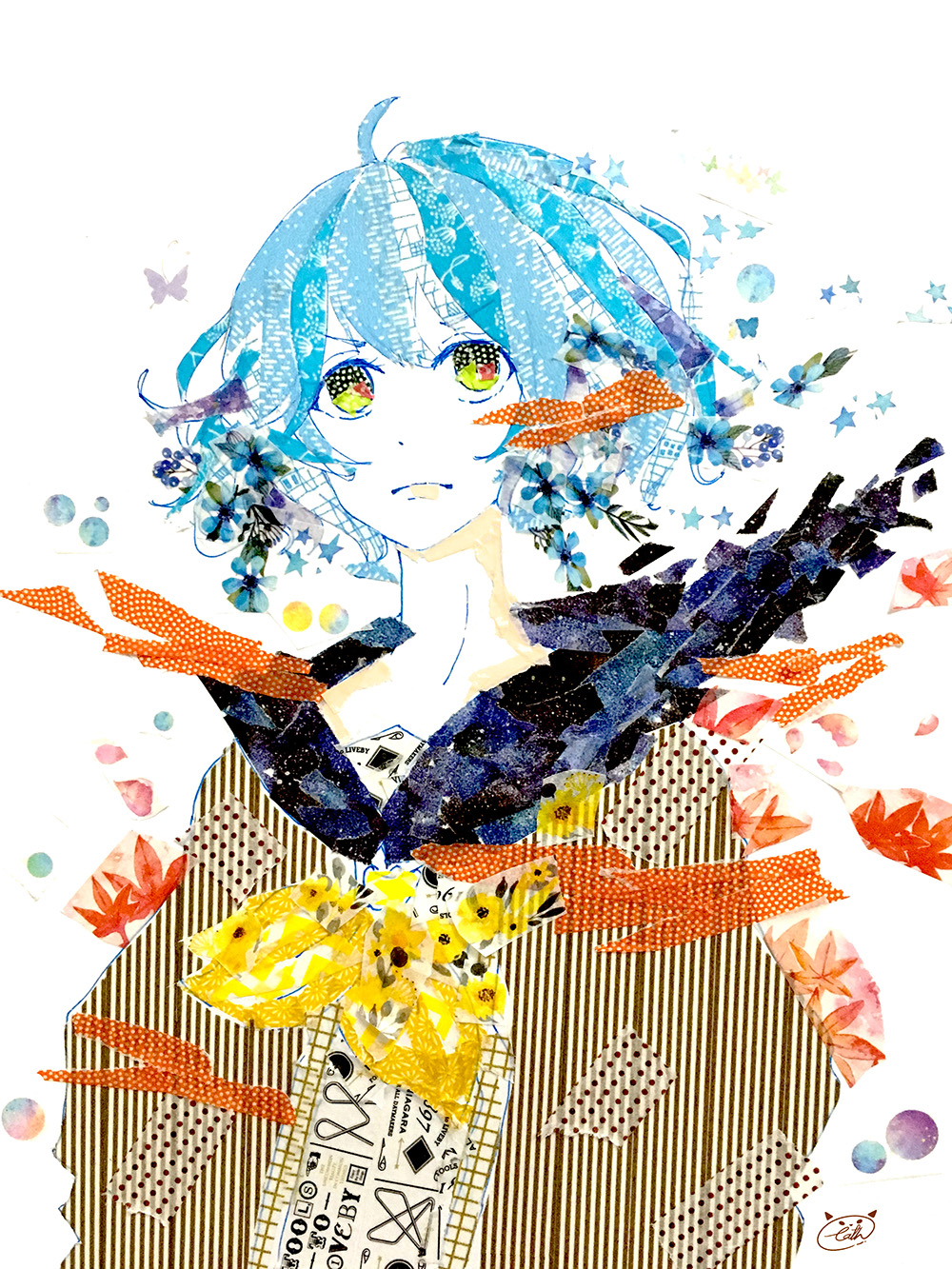 1girl abstract ahoge blue_hair blue_sailor_collar brown_shirt cathinthecloud commentary dot_nose english_commentary flower hair_between_eyes hair_flower hair_ornament highres light_frown looking_up masking_tape_(medium) neckerchief original sailor_collar shirt short_hair sidelocks signature solo unconventional_media upper_body white_background yellow_eyes yellow_neckerchief