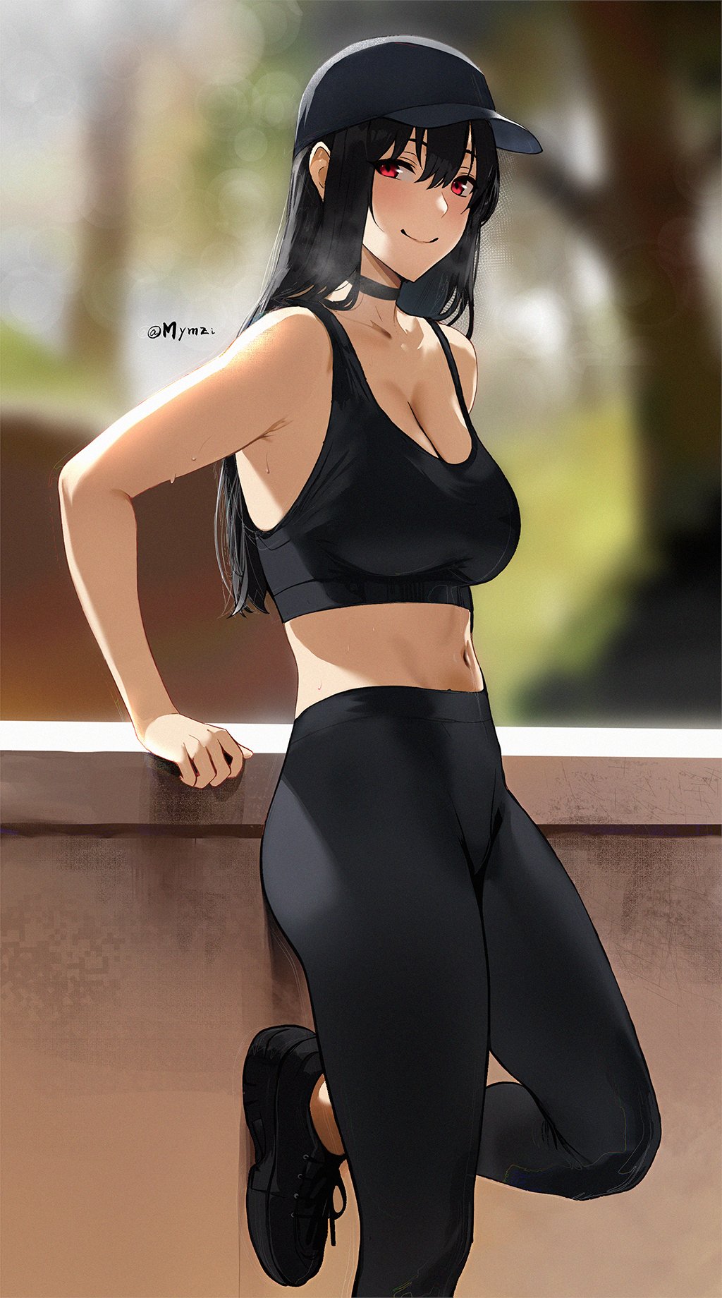 1girl against_railing bare_arms black_choker black_hair black_hat black_pants black_shoes black_sports_bra blurry blurry_background breasts breath choker closed_mouth crop_top exercising hat highres large_breasts lens_flare mymzi pants railing red_eyes shoes smile sneakers solo sports_bra sportswear spy_x_family standing standing_on_one_leg sweat tree yoga_pants yor_briar