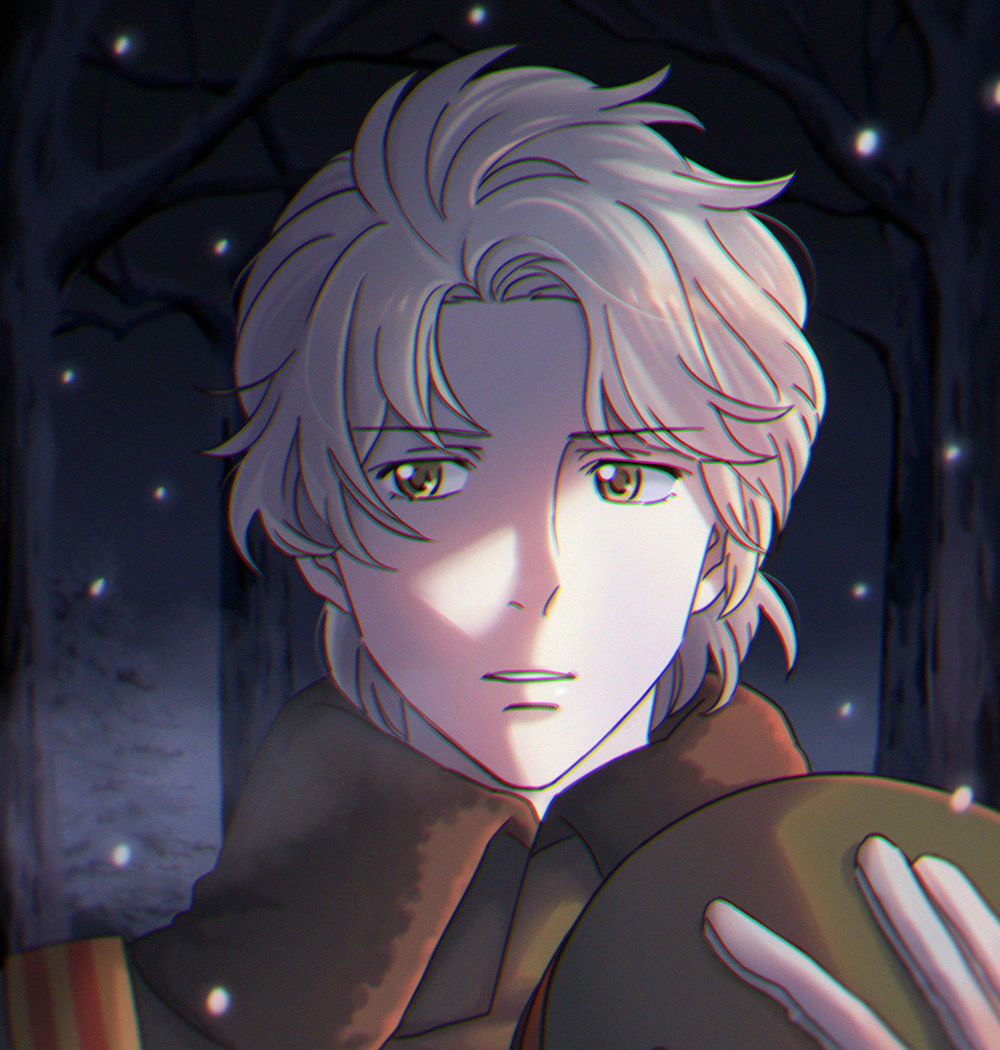 1boy bare_tree blonde_hair gloves green_hat haikara-san_ga_tooru hat ijuuin_shinobu looking_at_viewer male_focus night outdoors parted_lips posha-art snowing solo tree unworn_hat unworn_headwear white_gloves yellow_eyes