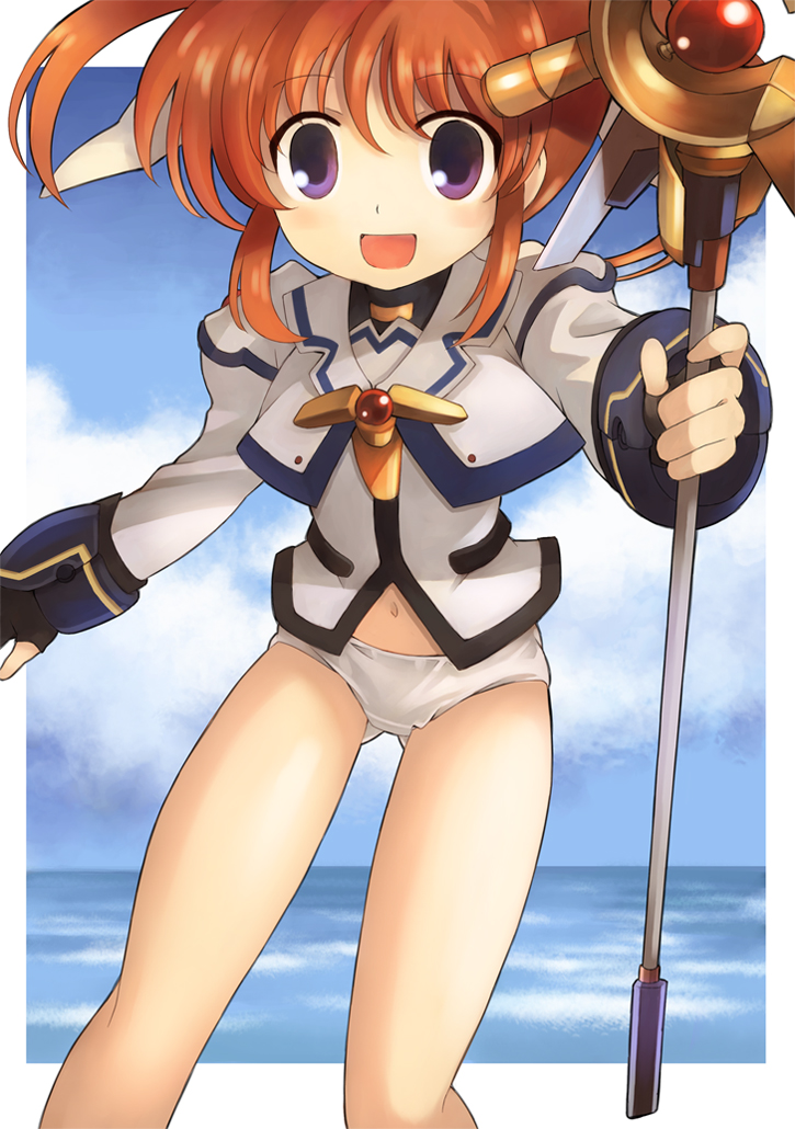 00s 1girl bad_id bad_pixiv_id brown_hair female_focus kouno_hikaru lyrical_nanoha mahou_shoujo_lyrical_nanoha open_mouth panties purple_eyes raising_heart raising_heart_(device_mode)_(1st) smile solo takamachi_nanoha takamachi_nanoha_(movie_1st_mode) underwear