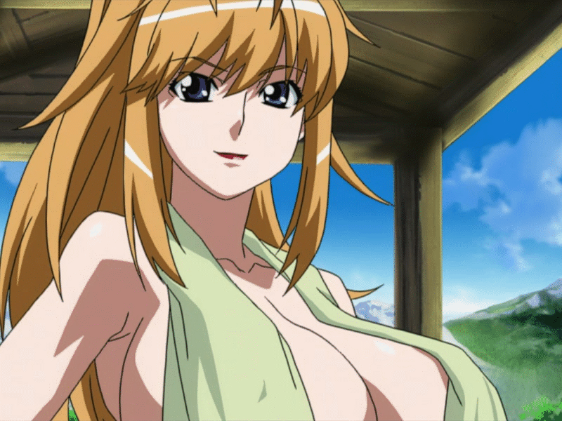 1girl animated animated_gif blonde_hair bouncing_breasts breasts choujuushin_gravion choujuushin_gravion_zwei huge_breasts lipstick makeup naked_towel nipples outdoors solo tachibana_mizuki topfreedom topless_female towel