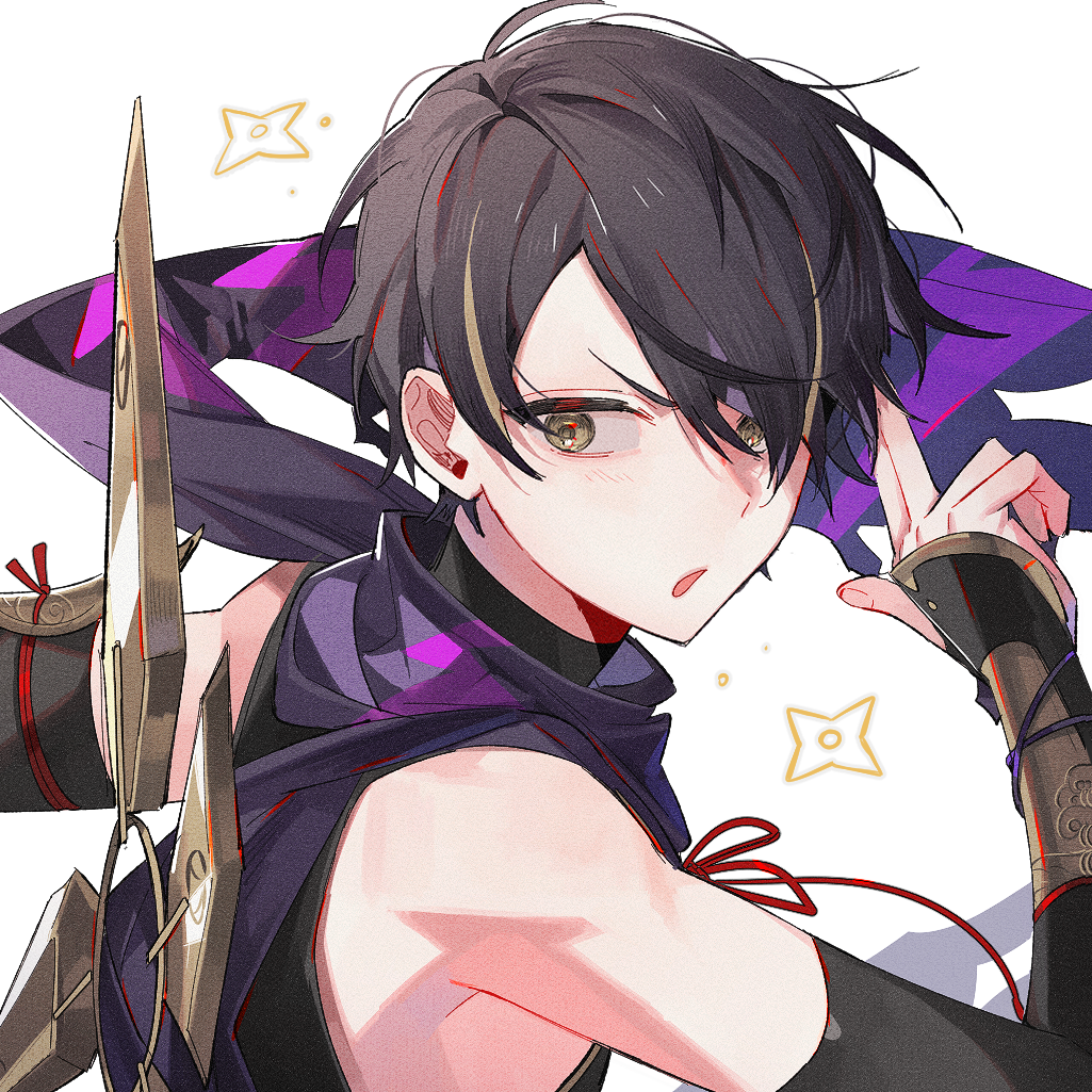 1boy anight asymmetrical_bangs black_hair detached_sleeves ensemble_stars! hair_between_eyes kuji-in looking_to_the_side male_focus multicolored_hair official_alternate_costume open_mouth red_ribbon ribbon sengoku_shinobu shirt short_hair simple_background sleeveless sleeveless_shirt solo streaked_hair turtleneck white_background