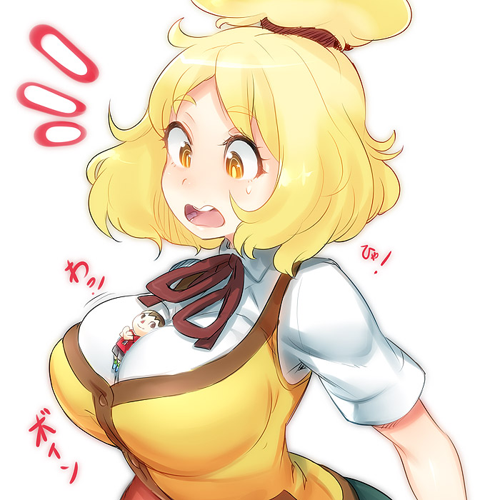 1boy 1girl alternate_breast_size animal_crossing between_breasts blonde_hair blush breasts brown_hair crossed_arms dress_shirt full-face_blush giant giantess isabelle_(animal_crossing) large_breasts looking_down mini_person miniboy naso4 nintendo open_mouth person_between_breasts personification ribbon scrunchie shirt short_hair simple_background size_difference skirt smile standing sweatdrop topknot vest villager_(animal_crossing) white_background yellow_eyes