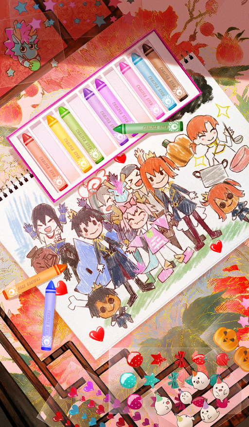 00kashian00 boudica_(fate) box box_of_chocolates chaldea_logo child&#039;s_drawing chocolate circle commentary cooking_pot crayon dragon drawing_(object) eastern_dragon eliza_the_nine-tattooed_dragon_(fate) fate/grand_order fate_(series) food food_art fujimaru_ritsuka_(female) fujimaru_ritsuka_(female)_(halloween_royalty) fujimaru_ritsuka_(male) fujimaru_ritsuka_(male)_(halloween_royalty) ghost halloween heart hessian_(fate) huyan_zhuo_(fate) jack-o&#039;-lantern ladle lobo_(fate) no_humans official_art pumpkin pumpkin_head shi_jin_(fate) sparkle star_(symbol) sticker sticker_sheet still_life third-party_source yan_qing_(fate)