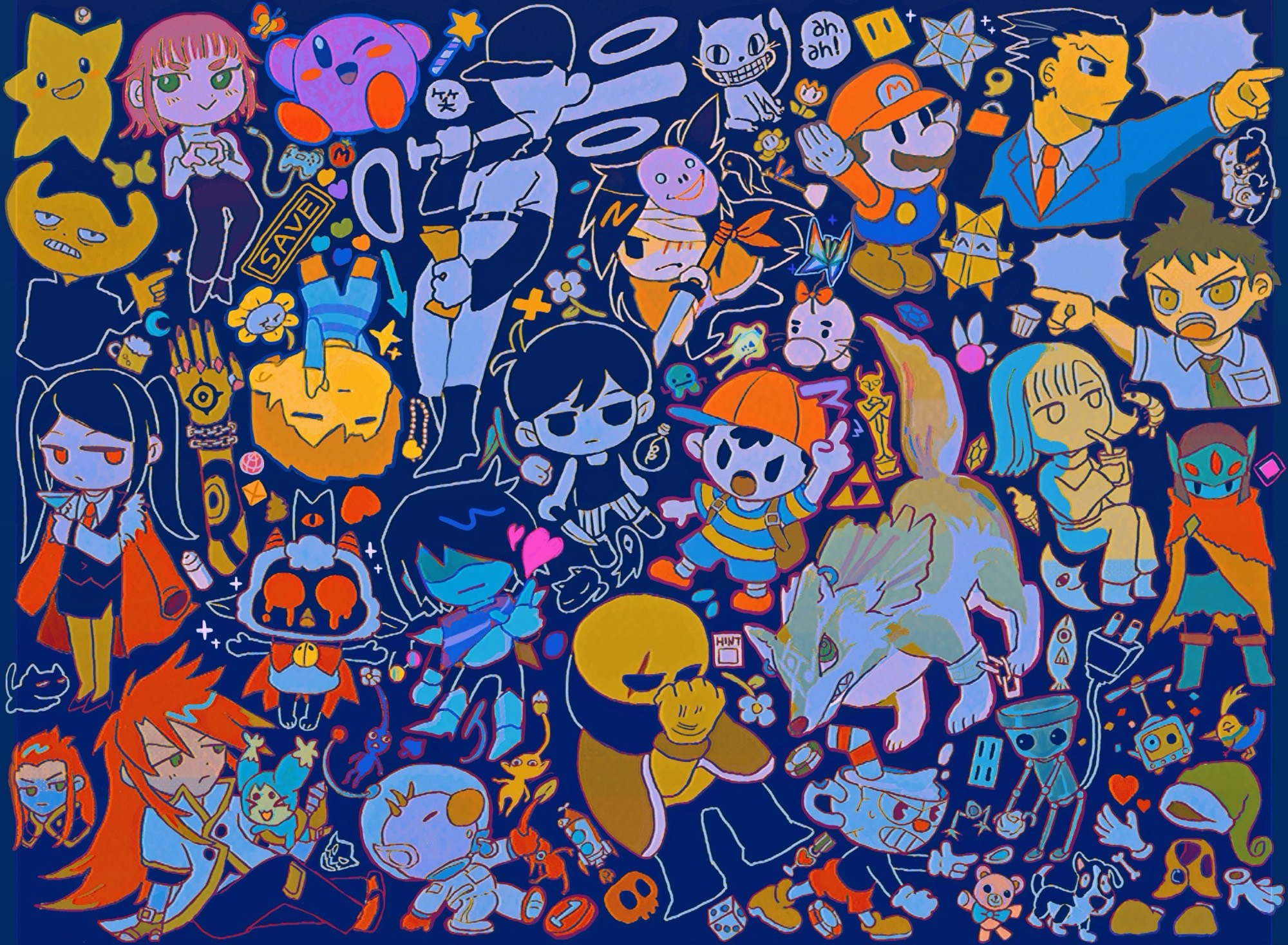 1other 6+boys 6+girls ace_attorney add-on_(off) annotated antenna_hair asch_(tales) backpack bag black_eyes black_hair black_socks black_tank_top blue_pikmin brad_armstrong buddy_(lisa) cat chibi-robo! chibi_robo collared_shirt colored_skin crossover cult_of_the_lamb cuphead cuphead_(game) danganronpa_(series) danganronpa_2:_goodbye_despair deltarune densetsu_no_stafy disembodied_hand doseisan famiresu_wo_kyouju_seyo flowey_(undertale) fore_(va-11_hall-a) frisk_(undertale) green_eyes hat highres hinata_hajime holding holding_knife hylics hyper_light_drifter inkya_lovecome jill_stingray kagami_tooru kirby kirby_(series) knife kris_(dark_world)_(deltarune) kris_(deltarune) link lisa_(series) lisa_the_joyful lisa_the_painful luke_fon_fabre mani_mani_statue mario mario_(series) maxim_tomato megido72 mewo mieu_(tales) milkymilkyshark monokuma moon_(love-de-lic) mother_(series) mother_2 multiple_boys multiple_crossover multiple_girls necktie ness_(mother_2) nintendo off_(game) olimar olivia_(paper_mario) omori omori_(omori) paper_mario paper_mario:_the_origami_king paper_mario_(character) phoenix_wright pikmin_(creature) pikmin_(series) player_(moon) red_footwear red_hair red_hat red_necktie red_pikmin shirt shoes sneakers socks solomon_(megido72) something_(omori) spacesuit speech_bubble starfy starman_(mother) striped_clothes striped_shirt super_paper_mario tales_of_(series) tales_of_the_abyss tank_top tao_(chibi-robo!) telly_vision tenda_(mother) the_batter_(off) the_drifter the_judge_(off) the_legend_of_zelda the_legend_of_zelda:_twilight_princess tippi_(paper_mario) triforce undertale va-11_hall-a wayne_(hylics) white_shirt white_skin wolf wolf_link yellow_pikmin yellow_skin yoshida_(moon)