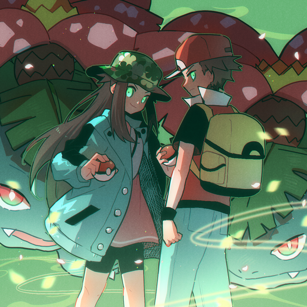 1boy 1girl backpack bag bike_shorts brown_hair buttons closed_mouth coat commentary_request gen_1_pokemon glowing glowing_eyes green_coat green_eyes green_hat hat holding holding_poke_ball leaf_(pokemon) leaf_(sygna_suit)_(pokemon) long_hair long_sleeves looking_at_viewer maccha_pamocute nintendo official_alternate_costume open_clothes open_coat pants pink_shirt poke_ball poke_ball_(basic) pokemon pokemon_(creature) pokemon_frlg pokemon_masters_ex red_(pokemon) red_hat red_vest shirt short_hair sidelocks smile venusaur vest wristband yellow_bag