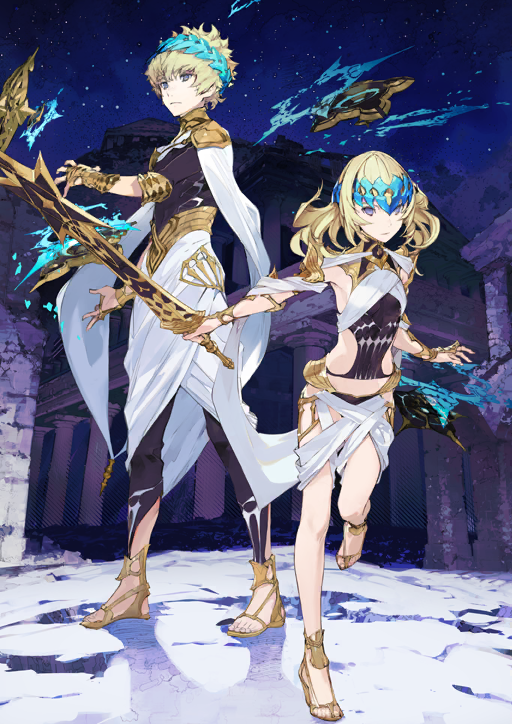 1boy 1girl alpha_castor ancient_greek_clothes armor beta_pollux black_leggings black_panties black_shirt blonde_hair blue_sky breasts brother_and_sister cape castor_(fate) closed_mouth clothing_cutout expressionless fate/grand_order fate_(series) floating floating_hair floating_object floating_weapon full_body game_cg gold_armlet gold_armor gold_belt gold_sandals greco-roman_clothes halterneck head_wreath holding holding_sword holding_weapon laurel_crown leg_up leggings long_hair looking_at_viewer midriff_peek neck_armor night night_sky official_art outstretched_arm outstretched_arms panties pollux_(fate) sandals shawl shield shirt short_hair shoulder_armor siblings side_cutout sidelocks skirt sky small_breasts standing standing_on_one_leg star_(sky) starry_sky sword taiki_(luster) third-party_source three-quarter_sleeves toes turtleneck twins underwear variant_set weapon white_cape white_shawl white_skirt