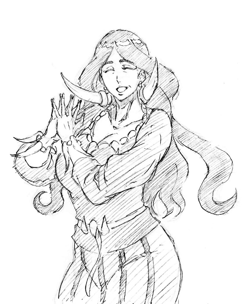 1girl bracelet breasts cleavage closed_eyes drasna_(pokemon) earrings facing_viewer greyscale hands_up jewelry large_breasts long_hair long_sleeves mature_female monochrome necklace nintendo open_mouth own_hands_together pokemon pokemon_xy rakusakugk smile solo steepled_fingers tooth_earrings tooth_necklace