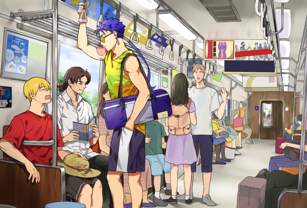 3girls 6+boys bad_id bad_pixiv_id cameo carnival_phantasm casual cu_chulainn_(fate) cu_chulainn_(fate/stay_night) fate/stay_night fate_(series) gilgamesh_(fate) grail-kun hand_grip holding_hand_grip kotomine_kirei lancelot_(smalock) multiple_boys multiple_girls train