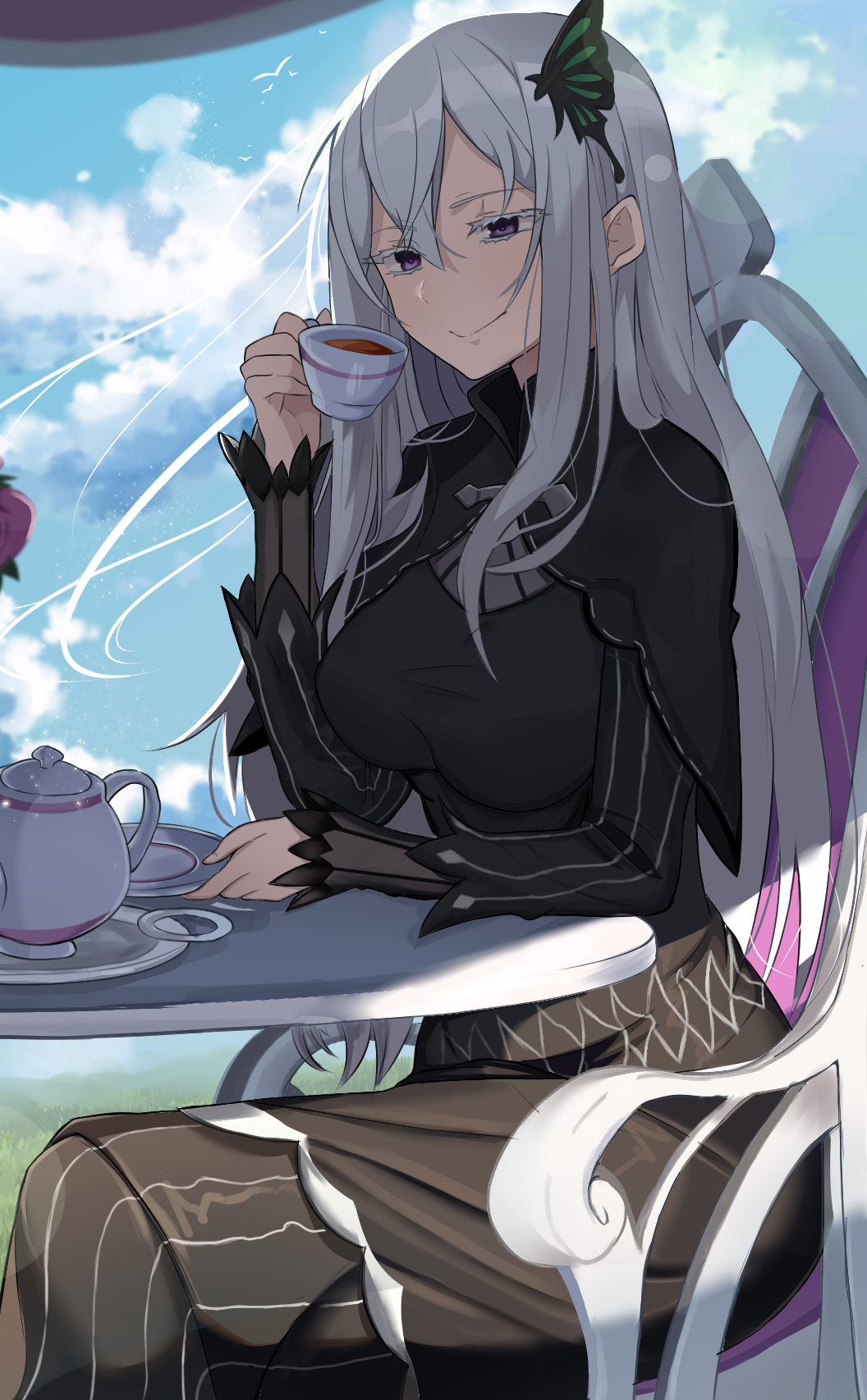1girl black_capelet black_dress blue_sky bug butterfly butterfly_hair_ornament capelet closed_eyes closed_mouth cloud colored_eyelashes commentary_request cup dress echidna_(re:zero) floating_hair flower flower_pot green_butterfly hair_ornament hand_on_own_chin highres insect long_hair long_sleeves outdoors pink_flower re:zero_kara_hajimeru_isekai_seikatsu shokobr sky sleeping smile solo striped_clothes striped_dress teacup umbrella vertical-striped_clothes vertical-striped_dress watermark white_eyelashes white_hair wind