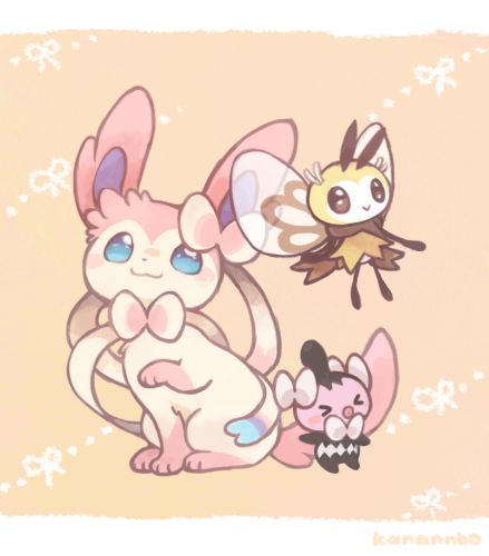 &gt;_&lt; animal_focus blue_eyes brown_eyes closed_mouth commentary_request full_body game_freak gen_5_pokemon gen_6_pokemon gen_7_pokemon gothita konanbo lowres nintendo no_humans open_mouth pokemon pokemon_(creature) ribombee smile sylveon