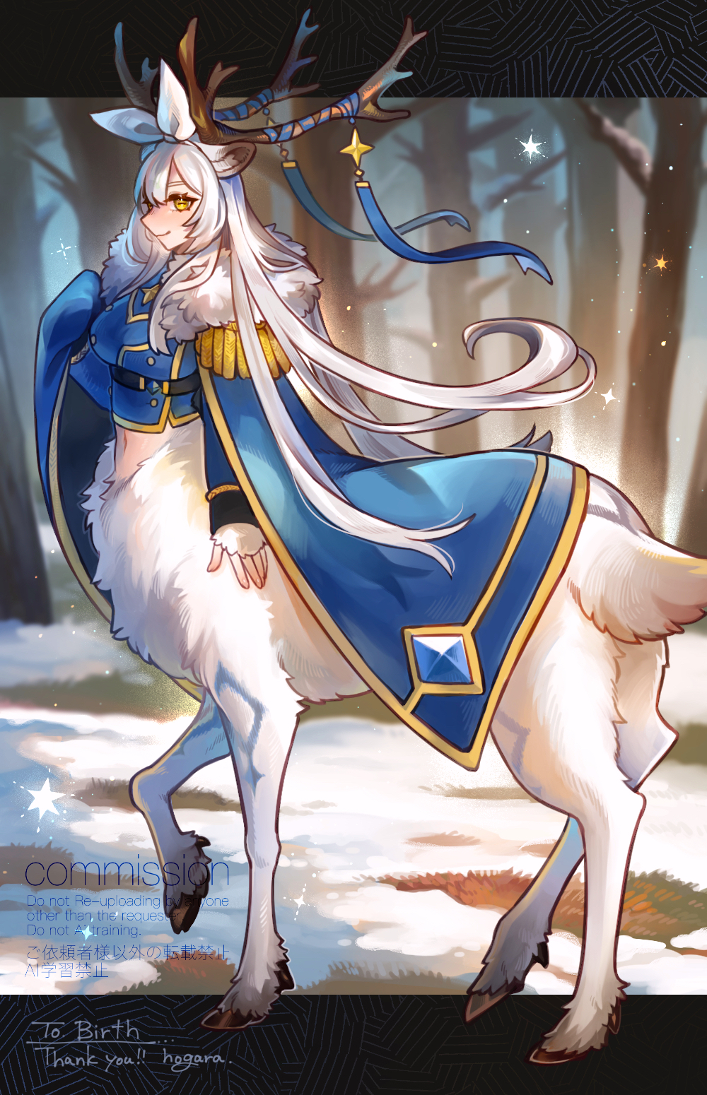 1girl animal_ears antlers blue_cape blue_jacket cape commentary_request deer_ears epaulettes forest full_body fur-trimmed_cape fur_trim highres hogara horizontal_pupils horn_ornament horn_ribbon horns jacket long_hair looking_at_viewer looking_back midriff nature original outdoors reindeer_antlers reindeer_girl ribbon snow solo standing very_long_hair white_hair winter yellow_eyes