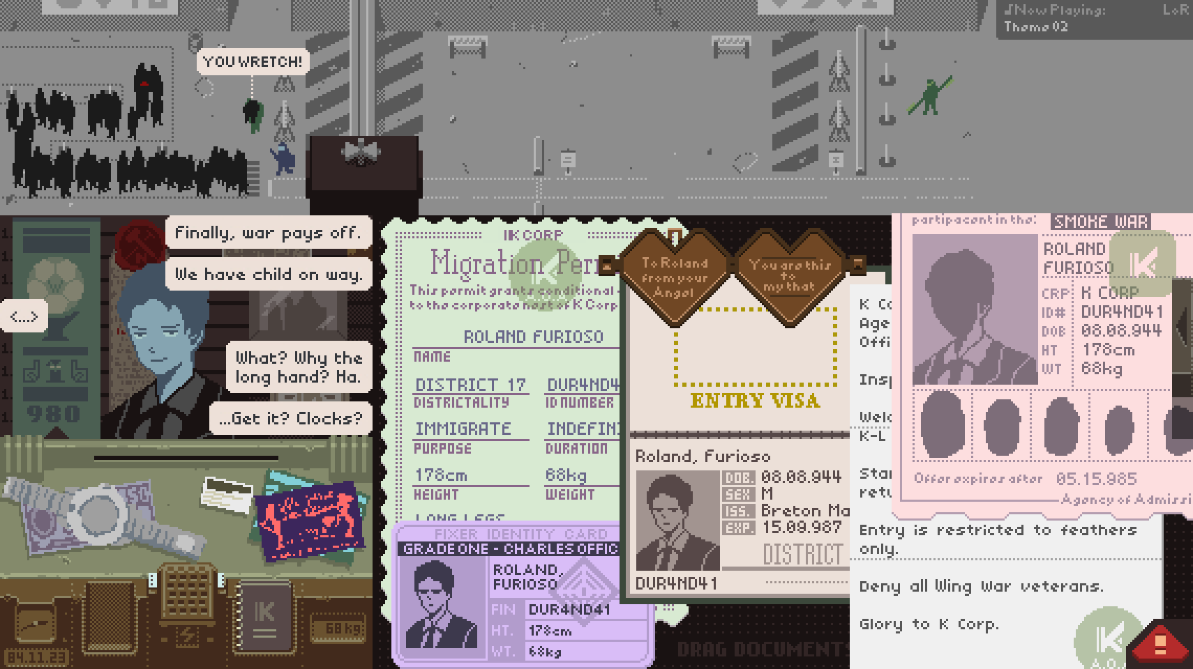 1boy banknote character_name collared_shirt english_text fake_screenshot fingerprint gameplay_mechanics highres library_of_ruina looking_at_viewer mask money papers_please passport project_moon pun redm0e roland_(project_moon) shirt short_hair smile unworn_wristwatch