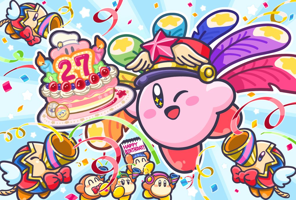 ;d anniversary birthday_cake blue_background cake channel_ppp confetti cookie copy_ability festival_bird festival_kirby food kirby kirby_(series) nintendo no_humans notepad official_art one_eye_closed open_mouth outline party_popper plate smile streamers waddle_dee white_outline