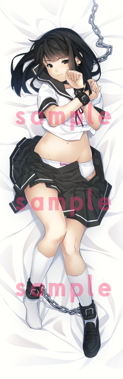 1girl black_hair chain clockup dakimakura_(medium) highres lying natsu_no_kusari non-web_source norizane panties sample_watermark school_uniform shirai_mitsuki socks underwear watermark white_socks