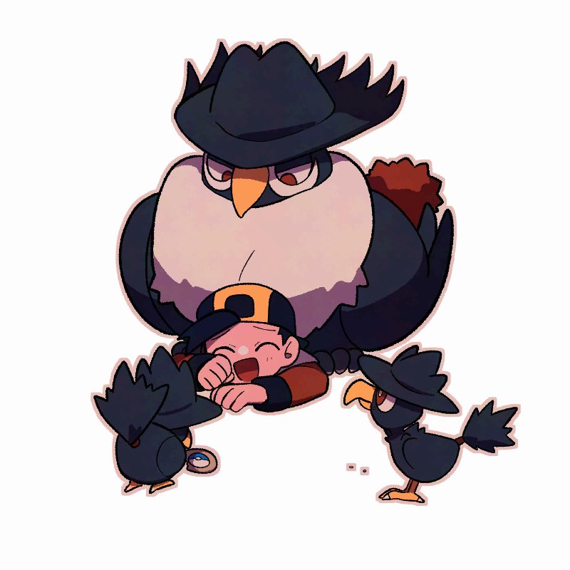 1boy :d bird black_hair black_hat chibi closed_eyes commentary ethan_(pokemon) gen_2_pokemon gen_4_pokemon hat honchkrow jacket light_blush long_sleeves lying male_focus murkrow nintendo on_stomach open_mouth pokemon pokemon_(creature) pokemon_hgss red_jacket short_hair smile symbol-only_commentary tyako_089