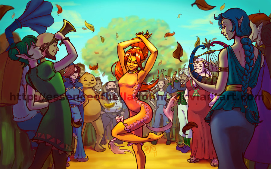 6+boys 6+girls bipin blue_hair bodysuit closed_eyes crowd dancing dark_skin din dress farore feet goron green_dress green_hair happy impa instrument jewelry leaf legs long_hair lots_of_jewelry multiple_boys multiple_girls nayru nintendo pointy_ears ralph_(zelda) red_hair skin_tight sky smile the_legend_of_zelda the_legend_of_zelda:_oracle_of_ages the_legend_of_zelda:_oracle_of_seasons toes trumpet turban twintails vasu