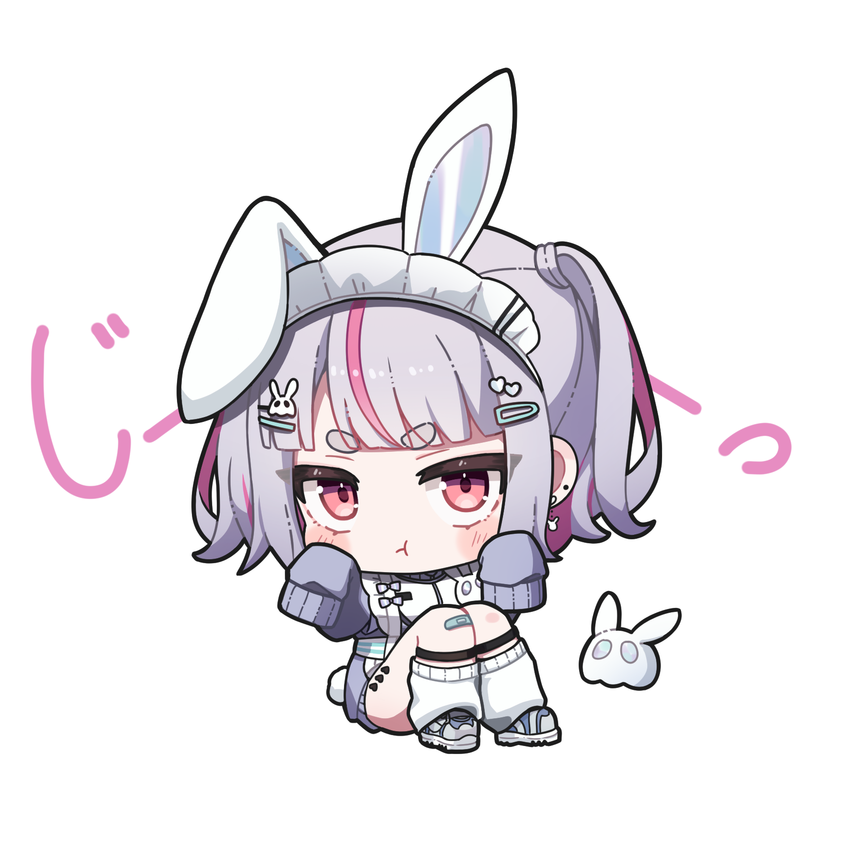1girl :t angry animal_ears apron bandaid bandaid_on_knee bandaid_on_leg blue_footwear chibi closed_mouth dress fake_animal_ears fake_tail full_body hair_ornament hairclip hand_up heart heart_hair_ornament highres jersey_maid kiwipodo knees_up legwear_garter looking_at_viewer maid maid_headdress multicolored_hair pink_eyes pink_hair pink_streaks purple_dress purple_hair rabbit_ears rabbit_hair_ornament rabbit_tail short_eyebrows simple_background sitting skull_hair_ornament sleeves_past_wrists socks solo streaked_hair tail tosaki_mimi tosaki_mimi_(4th_costume) twintails unconventional_maid v-shaped_eyebrows virtual_youtuber vspo! white_apron white_background white_headdress white_socks