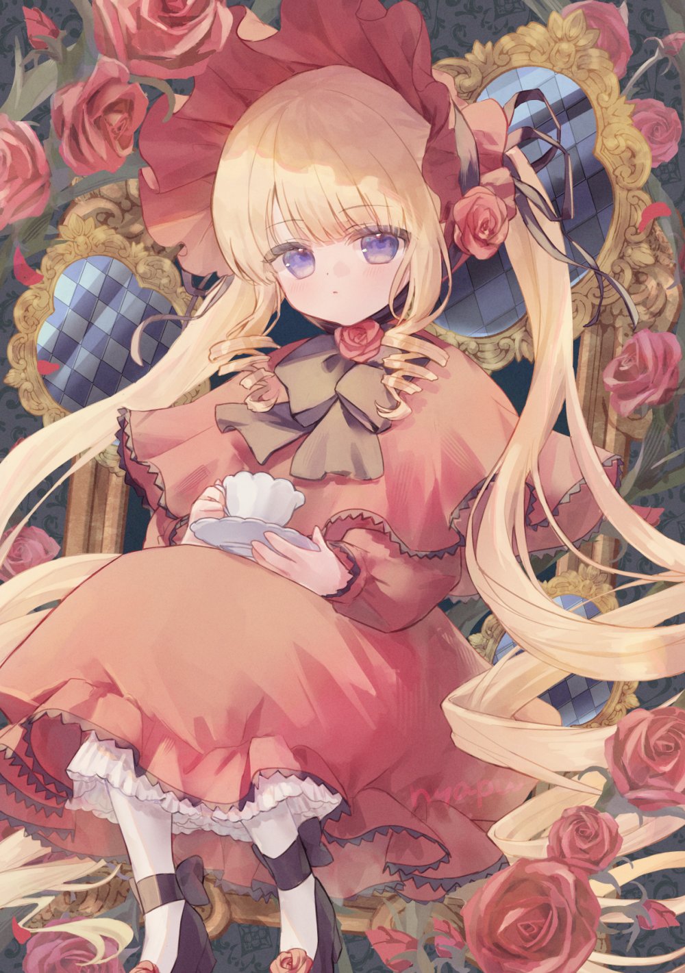 1girl black_shoes blonde_hair blue_eyes bonnet capelet closed_mouth cup dress expressionless flower highres holding holding_cup lolita_fashion long_dress long_hair long_sleeves looking_at_viewer mirror nyapu_22 pantyhose petticoat puffy_long_sleeves puffy_sleeves red_capelet red_dress red_flower red_rose reflection rose rozen_maiden shinku shoes sitting solo teacup tile_floor tiles twintails very_long_hair white_pantyhose