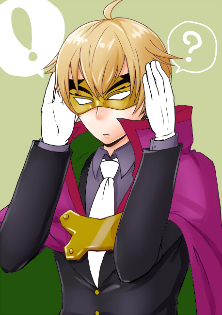 ! 1boy ? aged_down arc_system_works artist_request blazblue blazblue:_bloodedge_experience blonde_hair cape formal_clothes gloves high_collar male_focus mask necktie relius_clover short_hair simple_background suit