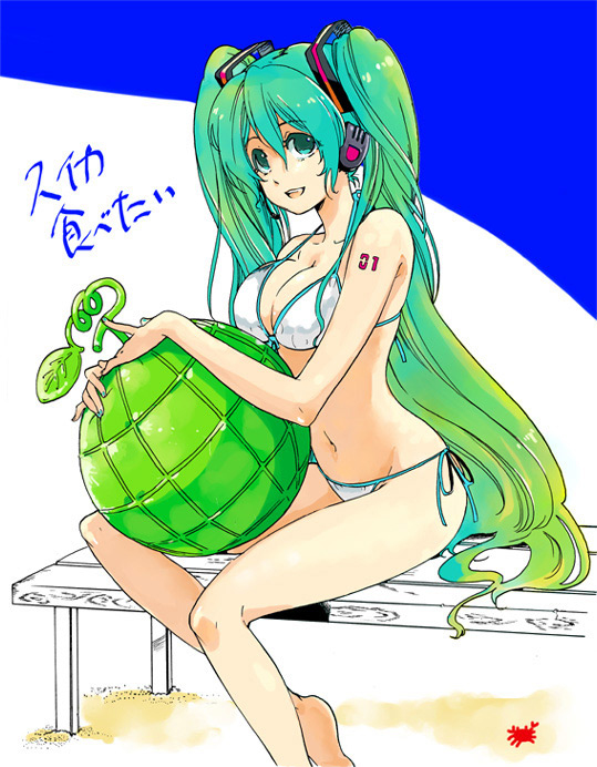 1girl acm aqua_eyes aqua_hair barefoot bikini breasts cantaloupe cleavage female_focus food fruit hatsune_miku holding holding_food holding_fruit holding_watermelon legs long_hair melon net side-tie_bikini_bottom smile solo swimsuit twintails very_long_hair vocaloid watermelon