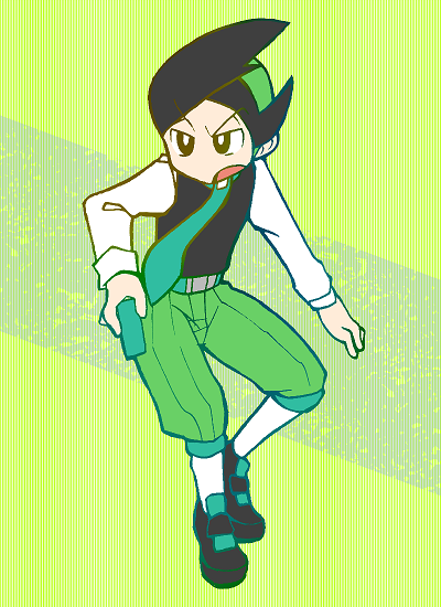 1boy belt black_hair black_shoes black_vest blue_necktie bright_pupils brown_eyes full_body green_background green_hair green_pants kneehighs long_sleeves male_focus minashirazu multicolored_hair necktie nintendo open_mouth pants pokemon pokemon_dppt shirt shoes short_hair sideways_mouth socks solo standing thorton_(pokemon) two-tone_background two-tone_hair v-shaped_eyebrows vest white_pupils white_shirt white_socks