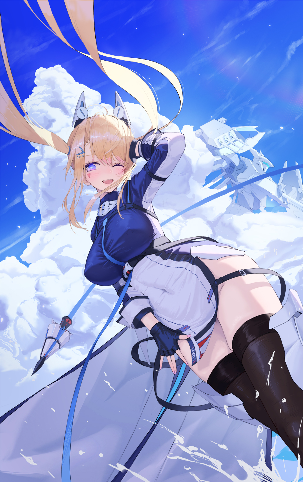 1girl azur_lane black_thighhighs blonde_hair blue_eyes blue_sky breasts cloud cloudy_sky covered_erect_nipples covered_navel dutch_angle framed_breasts guam_(azur_lane) headgear highres large_breasts long_hair long_sleeves one_eye_closed pelvic_curtain shigma sky solo splashing thighhighs twintails very_long_hair zettai_ryouiki