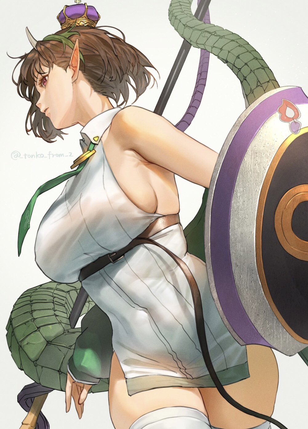 1girl bare_shoulders biscione_(fate) biscione_(second_ascension)_(fate) black_hair breasts collared_dress covered_navel crown dragon_girl dragon_tail dress fate/grand_order fate_(series) green_jacket highres horns jacket large_breasts long_sleeves mini_crown multicolored_hair necktie off_shoulder open_clothes pointy_ears polearm red_eyes shield short_dress short_hair sideboob solo spear streaked_hair tail thighhighs thighs tonko_from weapon white_dress white_thighhighs