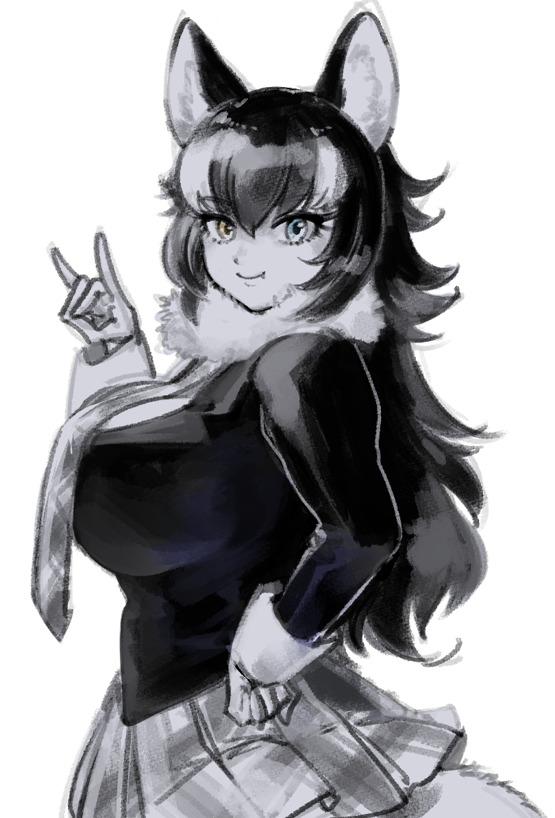 1girl animal_ears black_hair blue_eyes breasts fang grey_wolf_(kemono_friends) heterochromia huge_breasts kemono_friends kemono_friends_3 large_breasts long_hair looking_at_viewer necktie pleated_skirt shadow_puppet skirt smile solo standing tail wolf_ears wolf_girl wolf_tail yellow_eyes yokuko_zaza
