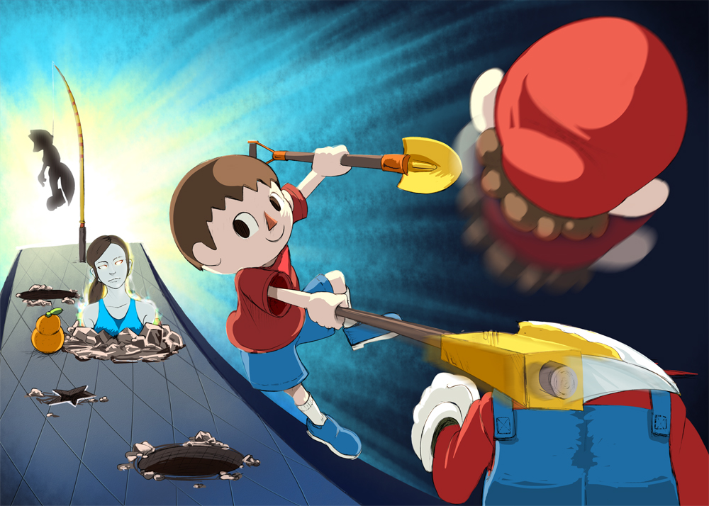 1girl 3boys animal_crossing axe breasts brown_hair colored_skin crossover death decapitation dual_wielding final_destination_(smash_bros) fishing_rod food fox_mccloud fruit gourd hanged holding mario mario_(series) multiple_boys nintendo orange_(fruit) pale_skin ponytail retoroot severed_head shirt shorts shovel smile star_fox super_mario_bros._1 super_smash_bros. t-shirt villager_(animal_crossing) weapon white_skin wii_fit wii_fit_trainer wii_fit_trainer_(female) worktool