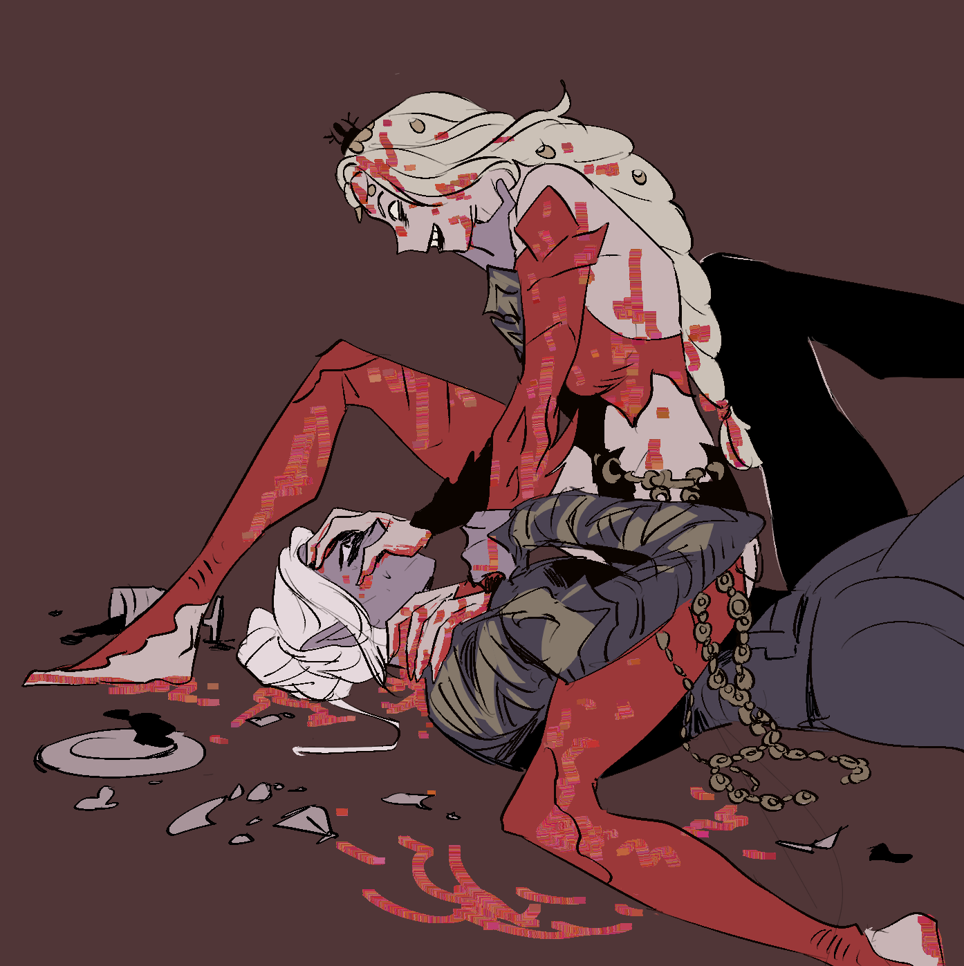 2girls alcohol baldur's_gate baldur's_gate_3 bare_shoulders blonde_hair bodysuit braid broken brown_background covering_another's_mouth crazy_grin dark_elf detached_sleeves dungeons_&_dragons elf hair_bun hand_on_another's_face highres hip_vent holding_another's_wrist j_jsh long_hair looking_at_another low-braided_long_hair low-tied_long_hair lying minthara multiple_girls on_back orin_the_red plate pointy_ears red_bodysuit shards short_hair single_braid single_hair_bun sitting sitting_on_chest sitting_on_person spill white_hair wine