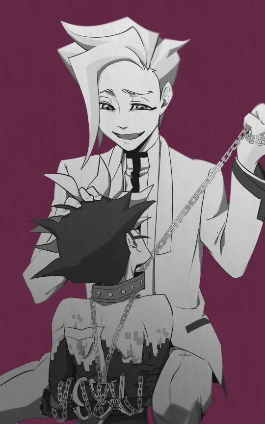 2boys arms_behind_back bdsm bodysuit bondage bound bound_arms bound_torso bound_wrists chain clenched_hands collar cuffs evil_smile facing_another facing_away facing_viewer grey_hair hand_in_another&#039;s_hair hand_on_another&#039;s_head handcuffs holding holding_chain homura_takeru invisible_chair jacket kneeling looking_at_another looking_down looking_up male_focus monochrome multiple_boys open_clothes open_jacket open_mouth pants parted_hair partially_colored red_background sanagi_2 shirt sitting smile soulburner spectre_(yu-gi-oh!) spiked_hair tied_up_(nonsexual) white_hair white_jacket white_pants white_shirt yu-gi-oh! yu-gi-oh!_vrains