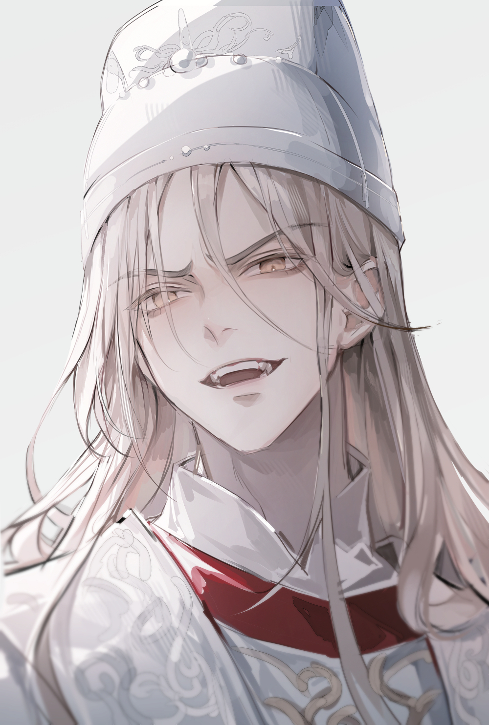 1boy blurry blurry_foreground chinese_clothes depth_of_field du_zhu_you_bing furrowed_brow grin hanfu hat highres jin_(headwear) korean_commentary long_hair looking_at_viewer male_focus open_mouth sharp_teeth smile solo teeth upper_body white_background white_hair white_hanfu white_hat xie_jinglan yellow_eyes young57440489