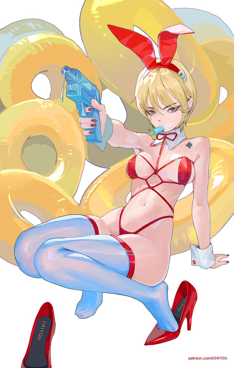 1girl amatiz animal_ears arm_behind_back arm_support artist_name blonde_hair blue_thighhighs breasts breasts_apart club_(shape) covered_erect_nipples detached_collar eyelashes fake_animal_ears feet food full_body grey_eyes hair_between_eyes heel_pop high_heels highres holding holding_water_gun innertube knees_together_feet_apart legs looking_at_viewer medium_breasts mouth_hold nail_polish navel no_shoes original patreon_username popsicle rabbit_ears red_shoes revealing_clothes shoes short_hair shoulder_tattoo single_shoe skindentation solo squatting stiletto_heels stomach swim_ring tattoo thighhighs toenail_polish toenails toes unworn_shoes water_gun watermark web_address