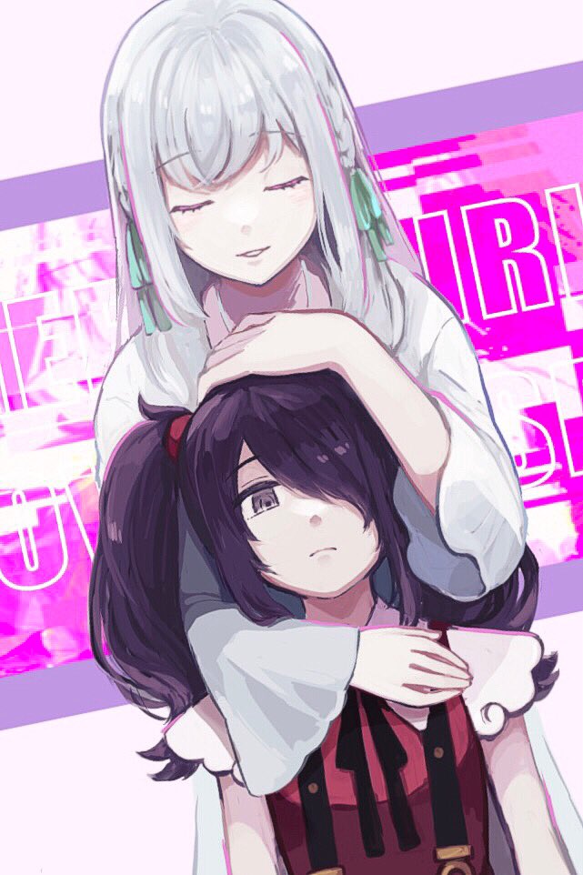 2girls aitsuki_nakuru ame-chan_(needy_girl_overdose) black_hair black_ribbon chaba_(w8ge7zupqrtqxbk) closed_eyes closed_mouth collared_shirt commentary_request crossover facing_viewer green_ribbon grey_hair hair_over_one_eye hair_ribbon hair_tie hand_on_another&#039;s_head hug hug_from_behind indie_virtual_youtuber long_hair long_sleeves looking_at_viewer multiple_girls neck_ribbon needy_girl_overdose open_mouth red_shirt ribbon shirt smile suspenders twintails virtual_youtuber white_shirt