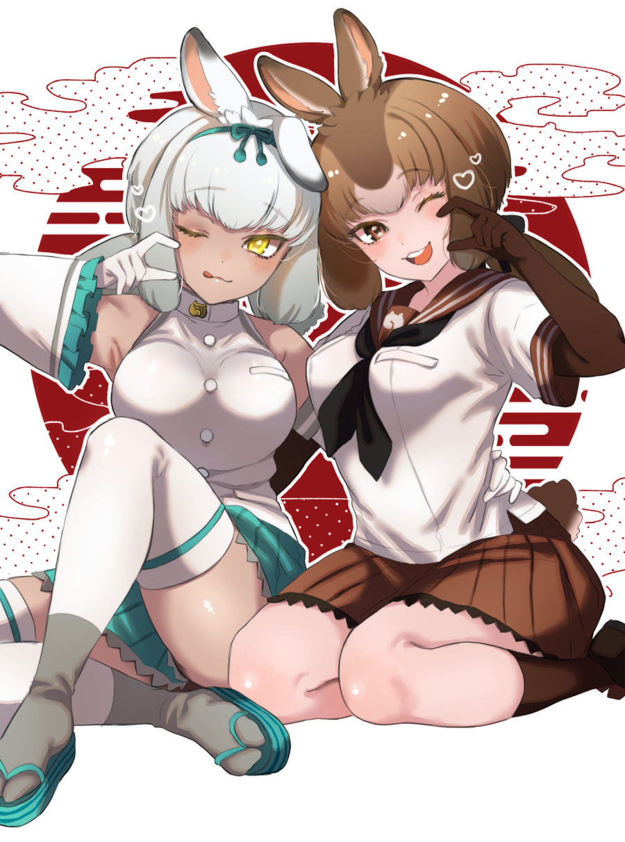 2girls :3 :p animal_ears bare_shoulders black_neckerchief blue_bow blue_footwear blue_skirt blush bow brown_eyes brown_footwear brown_gloves brown_hair brown_skirt brown_socks brown_trim detached_sleeves elbow_gloves frilled_skirt frilled_sleeves frills gloves grey_thighhighs hair_bow heart heart_hands heart_hands_duo high_collar highres japanese_hare_(kemono_friends) japari_symbol kemono_friends light_brown_hair loafers machiko_(kama425) multicolored_hair multiple_girls neckerchief one_eye_closed pleated_skirt rabbit_ears rabbit_girl rabbit_tail sailor_collar sandals school_uniform serafuku shirt shoes short_hair short_sleeves sidelocks skirt socks t-shirt tail thighhighs tongue tongue_out tsukuyomi_shinshi_(kemono_friends) two-tone_thighhighs white_gloves white_hair white_sleeves white_thighhighs yellow_eyes zettai_ryouiki