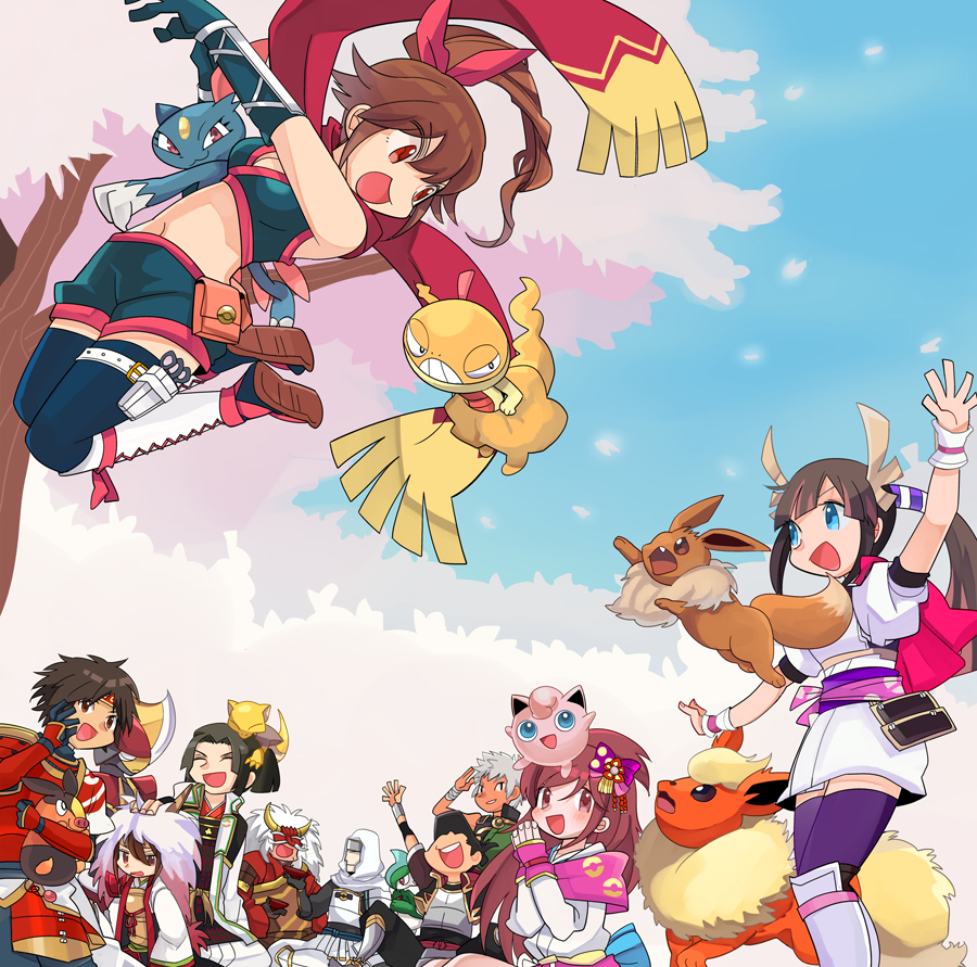 abra armor cherry_blossoms creatures_(company) eevee flareon fukushima_masanori gallade game_freak gen_1_pokemon gen_4_pokemon gen_5_pokemon happy heroine_(pokemon_conquest) ishida_mitsunari japanese_clothes jigglypuff kato_kiyomasa kimono kunoichi_(sengoku_musou) naoe_kanetsugu ninja nintendo oichi oichi_(pokemon_conquest) oichi_(sengoku_musou) on_head pokemon pokemon_(creature) pokemon_conquest pokemon_on_head sanada_yukimura sanada_yukimura_(sengoku_musou) scarf scrafty sengoku_musou smile takeda_shingen tepig uesugi_kenshin waving