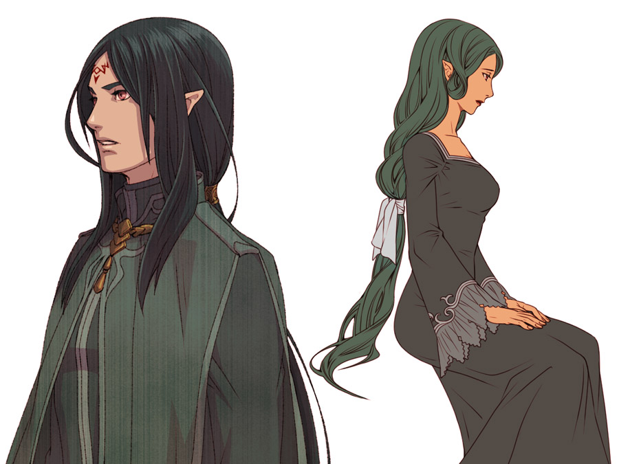 1boy 1girl almedha_(fire_emblem) alternate_costume black_dress braid braided_ponytail brother_and_sister cloak dark-skinned_male dark_skin dress facial_mark fire_emblem fire_emblem:_path_of_radiance fire_emblem:_radiant_dawn green_hair kobashi_(hodohodo) lipstick long_hair makeup nintendo pointy_ears ponytail rajaion_(fire_emblem) red_eyes siblings simple_background sitting