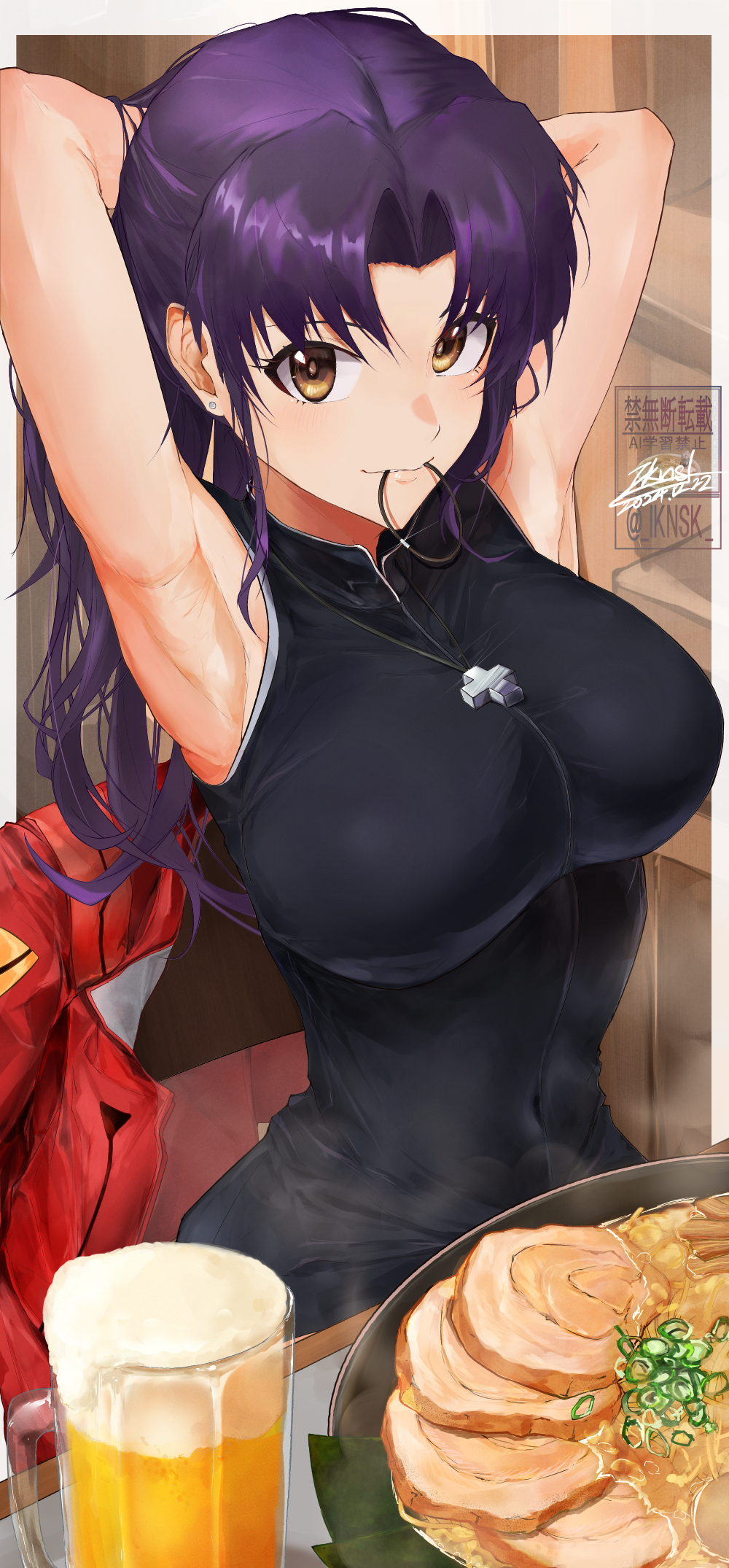 1girl alcohol armpits arms_behind_head beer breasts earrings female_focus food gainax hair_tie hair_tie_in_mouth highres iknsk jacket jewelry katsuragi_misato large_breasts long_hair looking_at_viewer mature_female mouth_hold neon_genesis_evangelion nerv noodles presenting_armpit purple_hair ramen red_jacket signature smile solo yellow_eyes