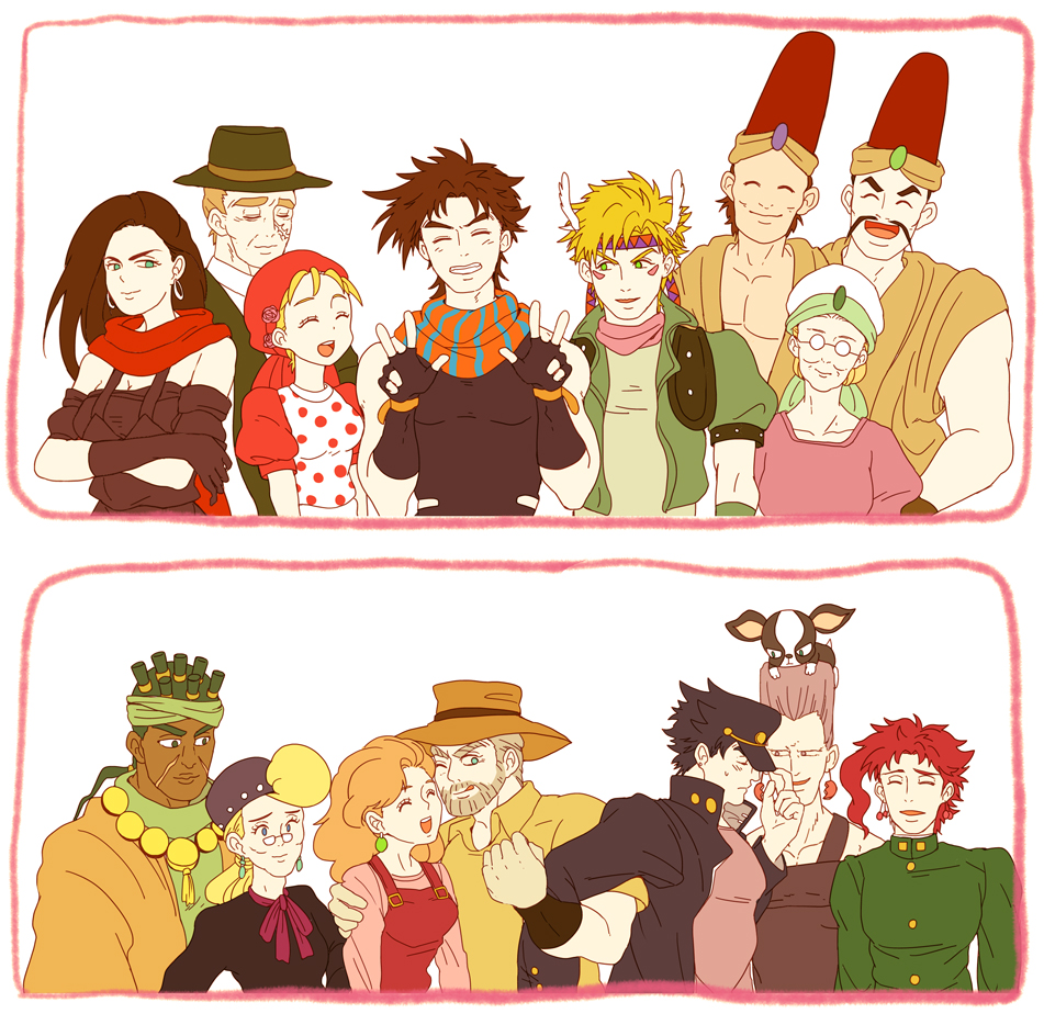 3girls 6+boys age_progression aged_down blonde_hair brown_hair caesar_anthonio_zeppeli dark-skinned_male dark_skin dog double_v dual_persona enomoto_(puchi25micro) erina_pendleton family happy iggy_(jojo) jean_pierre_polnareff jojo_no_kimyou_na_bouken joseph_joestar joseph_joestar_(old) joseph_joestar_(young) kakyoin_noriaki kuujou_holly kuujou_joutarou lisa_lisa loggins_(jojo) long_hair messina_(jojo) mohammed_avdol multiple_boys multiple_girls old red_hair robert_e._o._speedwagon short_hair smile suzi_q v