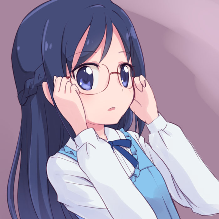 1girl adjusting_eyewear aoihito_(aikatsuholic) blue_dress blue_eyes blue_hair blush dokidoki!_precure dress gradient_background hand_on_eyewear hishikawa_rikka long_hair open_mouth precure purple_dress semi-rimless_eyewear shirt sleeveless sleeveless_dress smile upper_body white_shirt